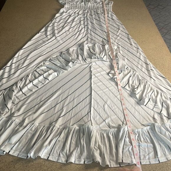 Boho hi-lo white and black striped ruffle trim back cutout maxi dress - Picture 15 of 15